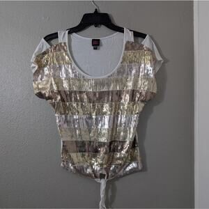 2B Bebe Sequin Striped Women's Top Cold Shoulder